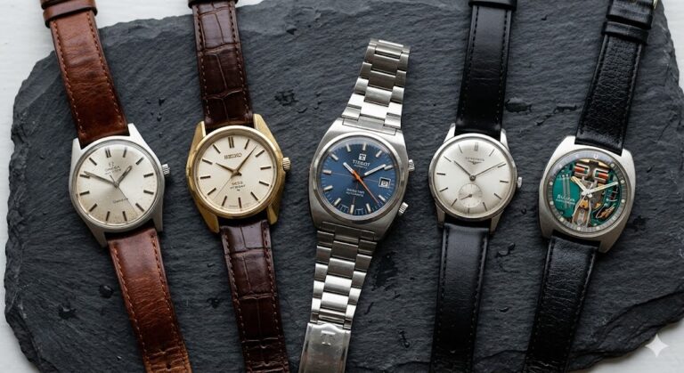 A beautifully arranged collection of five timepieces on a dark slate background, representing the best affordable vintage watches under £1000 for new collectors in the UK.