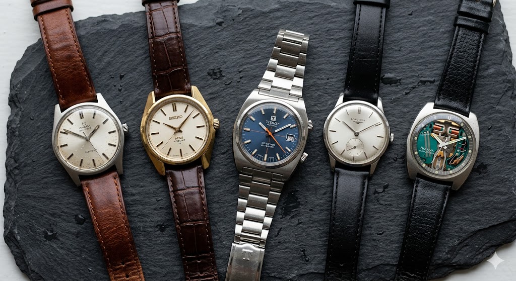 A beautifully arranged collection of five timepieces on a dark slate background, representing the best affordable vintage watches under £1000 for new collectors in the UK.