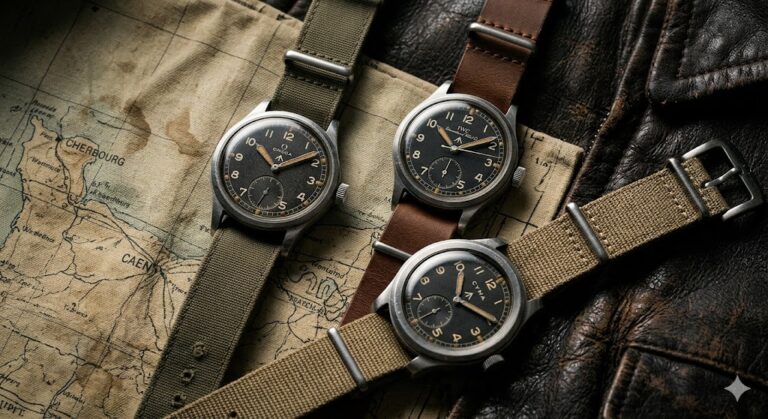 A collection of vintage WWII British military timepieces resting on a canvas map, representing the historic Dirty Dozen watches commissioned by the Ministry of Defence.