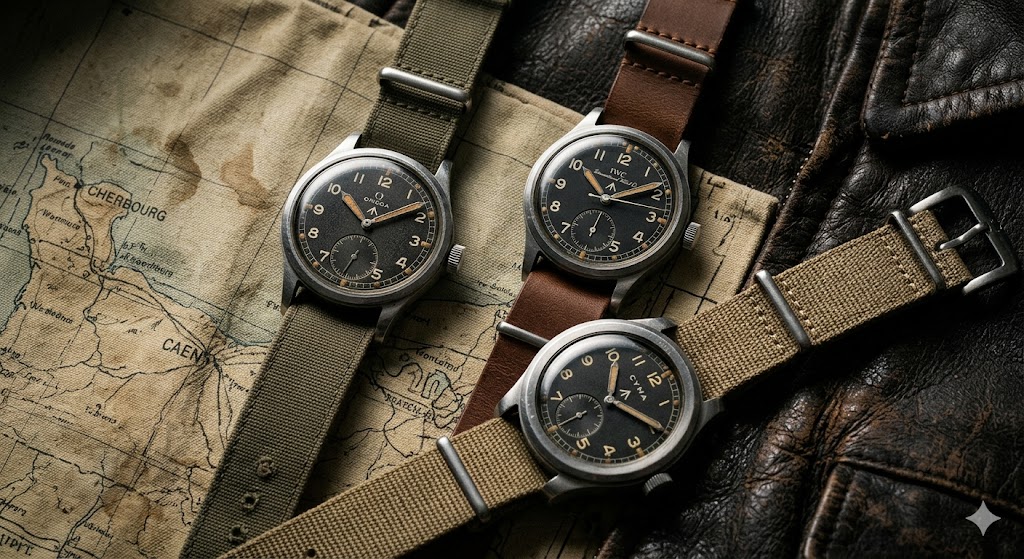 A collection of vintage WWII British military timepieces resting on a canvas map, representing the historic Dirty Dozen watches commissioned by the Ministry of Defence.