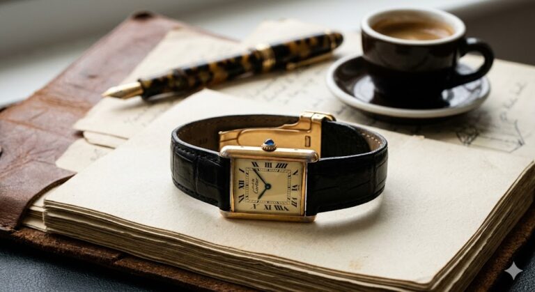 A classic gold vermeil Must de Cartier Tank resting on a leather journal, representing the ultimate vintage Cartier Tank buying guide for UK collectors.A classic gold vermeil Must de Cartier Tank resting on a leather journal, representing the ultimate vintage Cartier Tank buying guide for UK collectors.