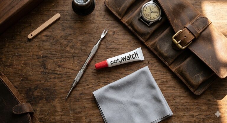 A flat lay photograph of a vintage watch maintenance kit including a Bergeon spring bar tool, Polywatch polish, and a leather watch roll, representing essential collector tools.