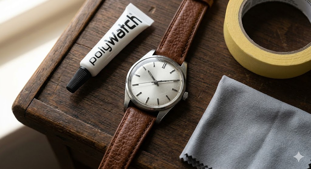 A vintage watch resting on a wooden desk next to Polywatch and a microfiber cloth, demonstrating the tools needed to polish an acrylic watch crystal.