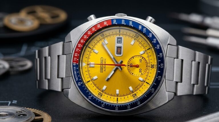 Seiko 6139-6002 Pogue Automatic Chronograph with yellow sunburst dial and Pepsi tachymeter bezel