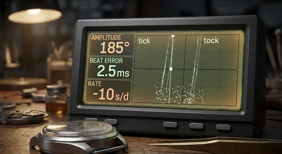 Timegrapher screen displaying a vintage mechanical watch caliber reading with low amplitude and scattered beat error trace lines