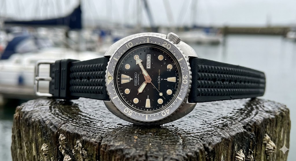 A detailed hands-on photograph of a vintage Seiko 6309-7040 "Turtle" diving watch with creamy patina, resting on weathered wood at a British marina.