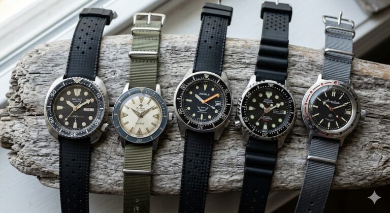 A beautifully arranged collection of five mid-century aquatic timepieces on weathered driftwood, representing the best vintage dive watches under £1000 for collectors.