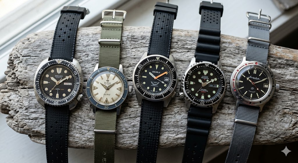 A beautifully arranged collection of five mid-century aquatic timepieces on weathered driftwood, representing the best vintage dive watches under £1000 for collectors.