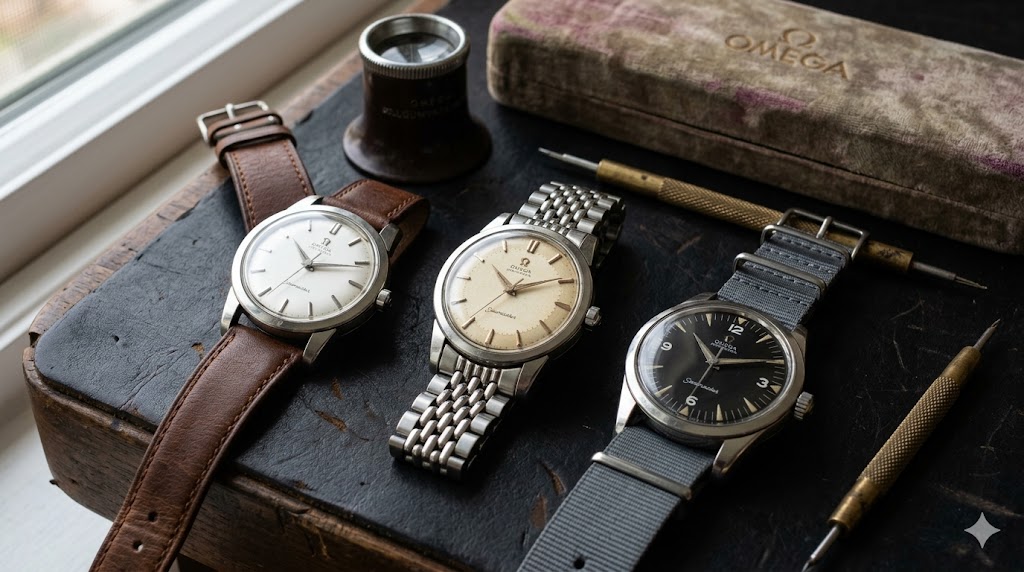 A curated collection of three distinct vintage stainless steel Omega Seamaster watches from the 1950s and 1960s, showing varied dials and straps on a dark leather strap maker's workbench, suitable for an authoritative buying guide featured image.