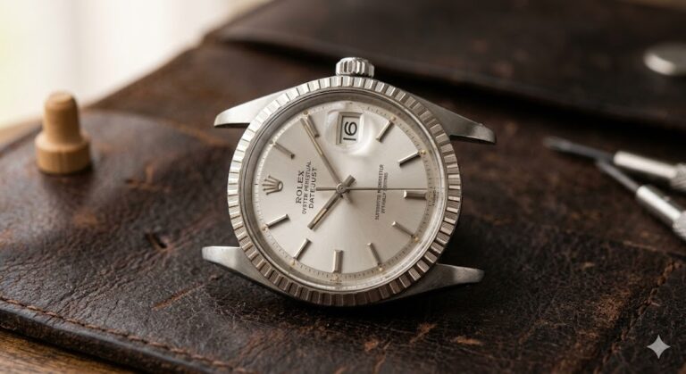 A close-up of a classic stainless steel Rolex Datejust 1601 timepiece with a fluted bezel on a leather strap, perfect for our comprehensive vintage Rolex Datejust 1601 buying guide.