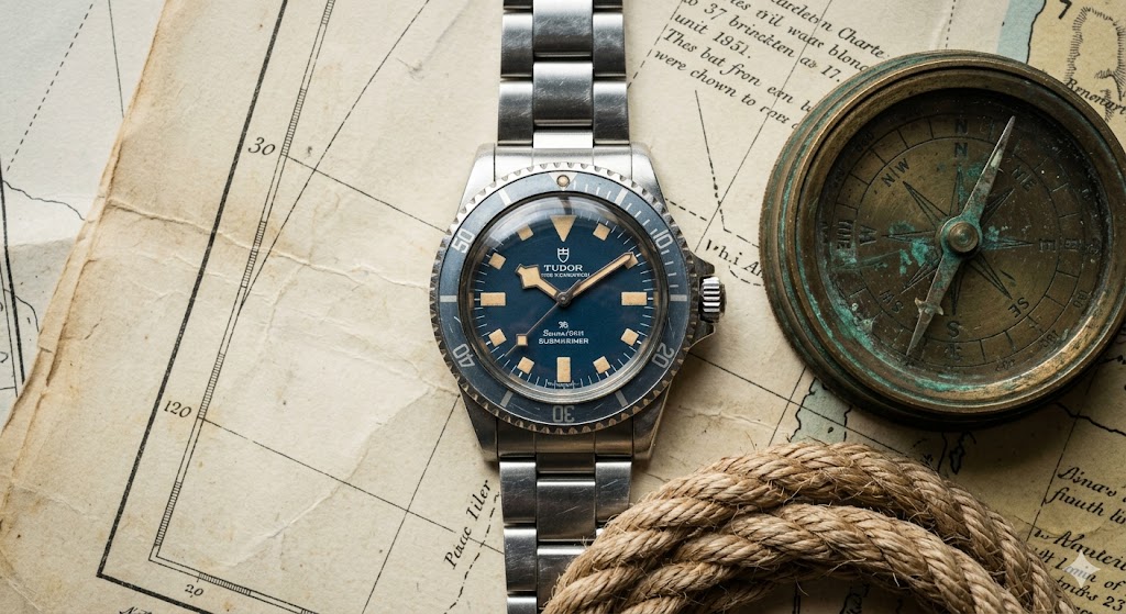 A faded blue Tudor Submariner Snowflake resting on a nautical map alongside a brass compass, illustrating the rich vintage Tudor watch history.